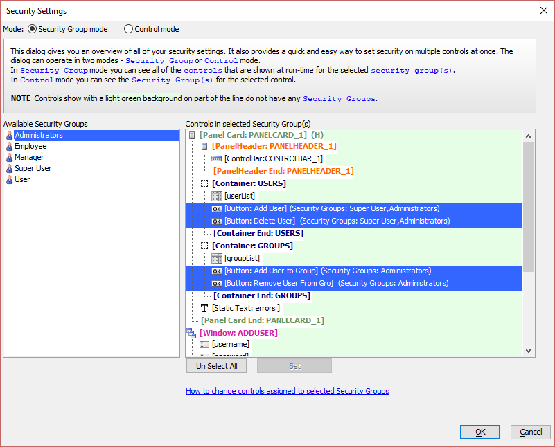 Bulk Security Settings dialog